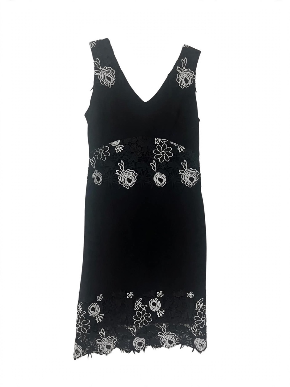 Joseph Ribkoff Black Dress White Embroidered Floral Lace Size 6 Made in Canada